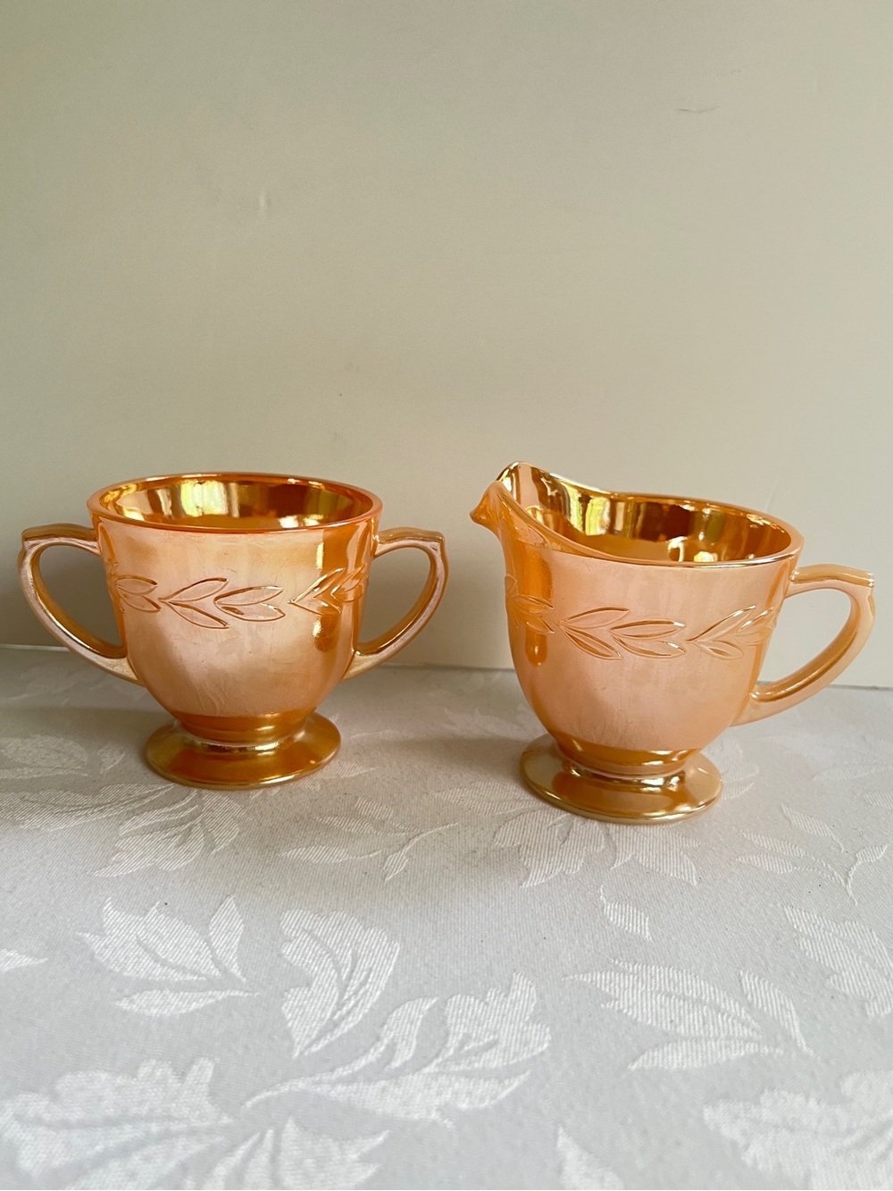 MCM Anchor Hocking Fire King Peach Lustre Cream & Sugar Laurel Pattern